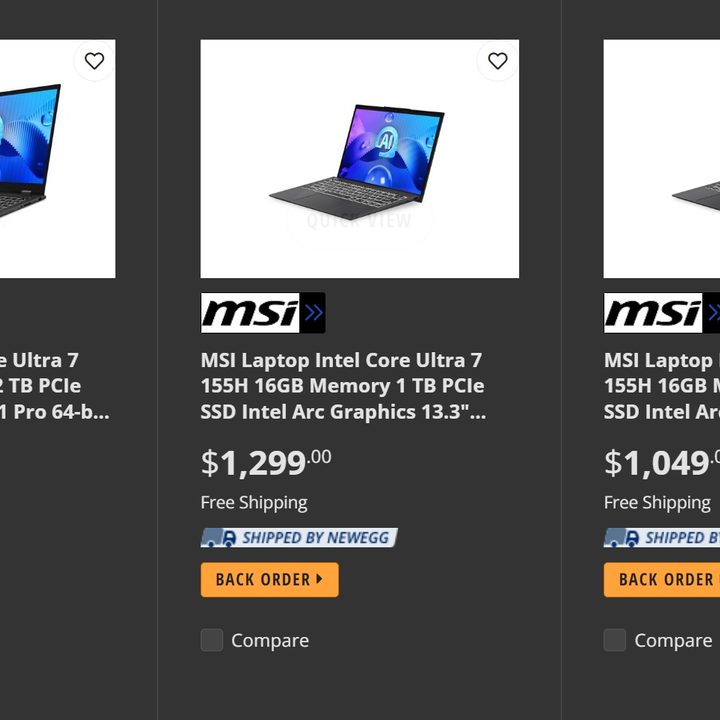 Newegg product listing of upcoming MSI laptops with Intel 14th-gen Meteor Lake CPUs.