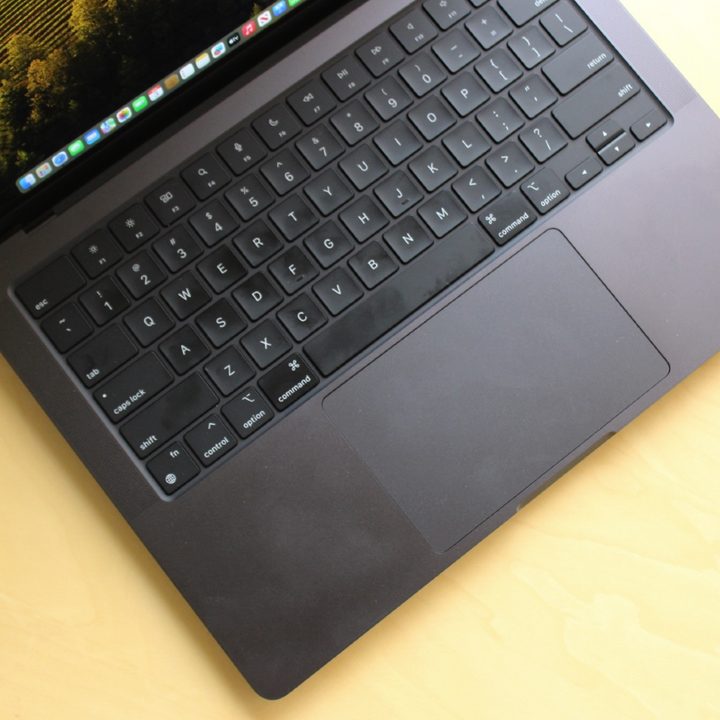 The keyboard and trackpad of the MacBook Pro.