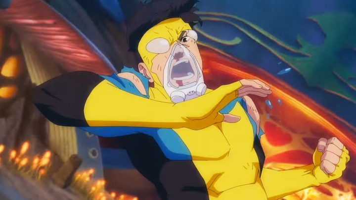 Mark Grayson underwater in battle with his mask broken in season 2 of Invincible.