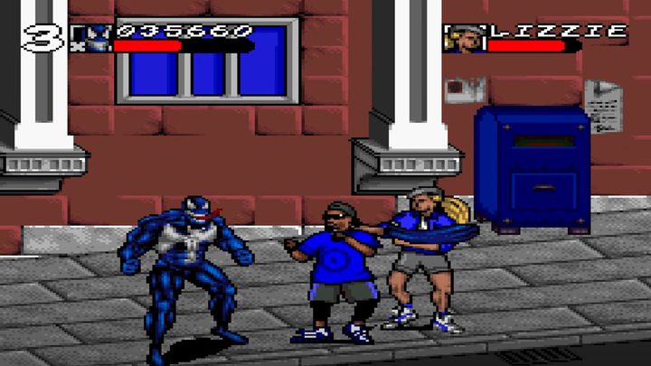 Venom fights two enemies in Spider-Man and Venom: Maximum Carnage.