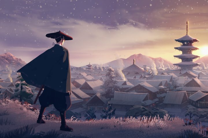 Mizu looks at a Japanese city in Blue Eye Samurai.