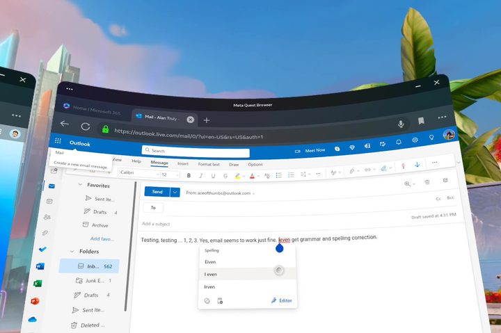 Most web apps work on the Quest 3, even Outlook's spell-checking and correction.