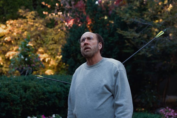 Nicolas Cage stands pierced with arrows in Dream Scenario.