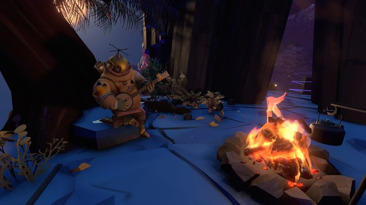Scene in Outer Wilds where they sit around campfire