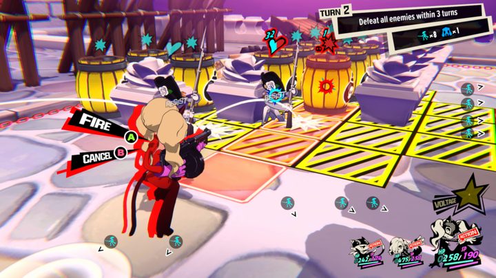 Panther aiming gun at explosive barrels and enemies in Persona 5 Tactica