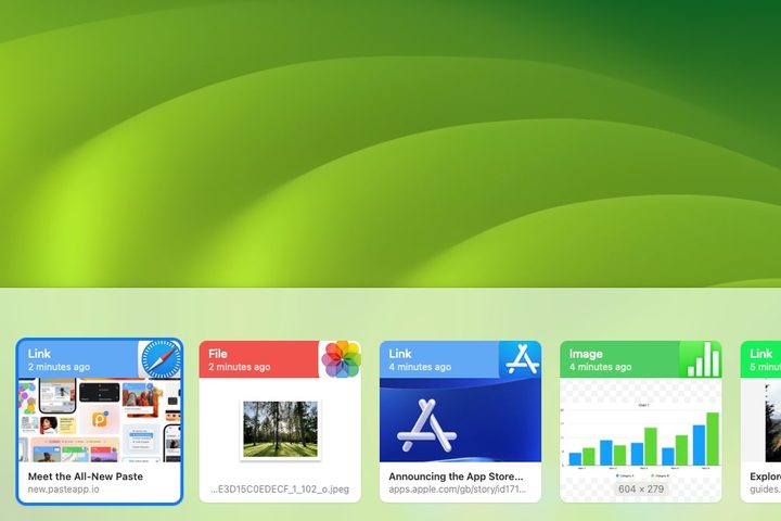 The Paste app in macOS, showing a range of items copied to the clipboard and displayed in Paste's clipboard bar.