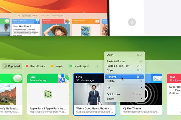 A range of items in the Paste Mac app's clipboard bar. One item has been right-clicked, with the contextual menu visible.