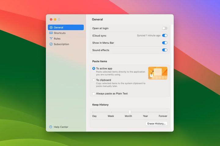 The settings window for the Paste Mac app.