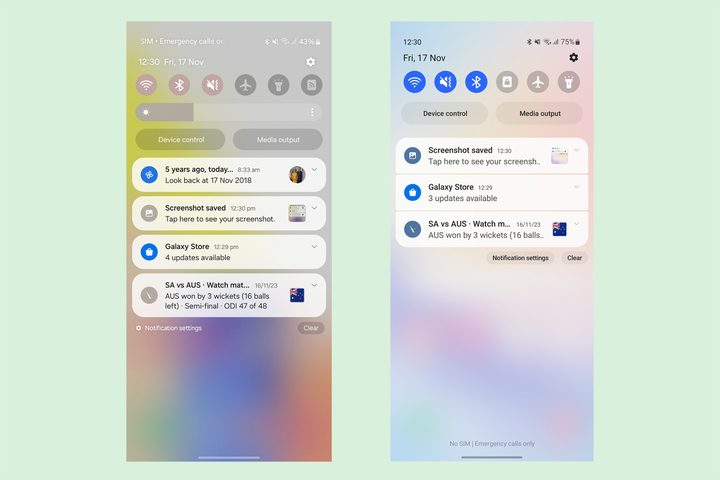 Notification panel on One UI 6 vs One UI 5.