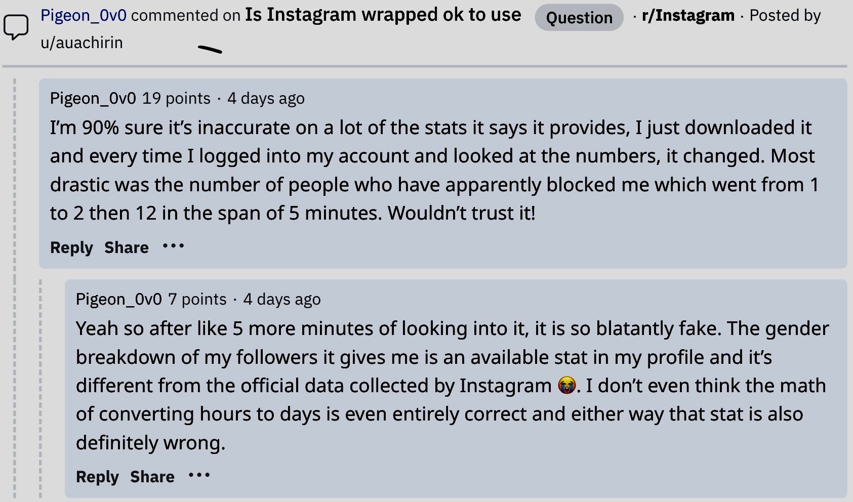 Complaints regarding Wrapped for Instagram app 3.