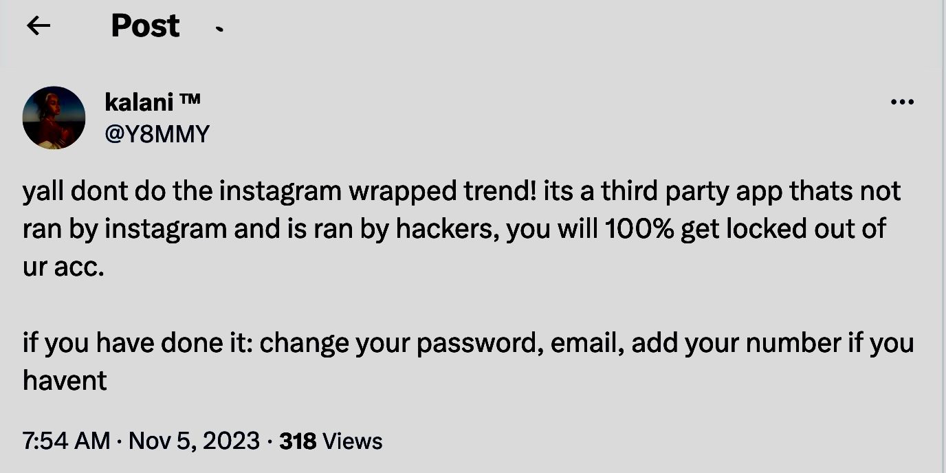 Complaints regarding Wrapped for Instagram app 2.