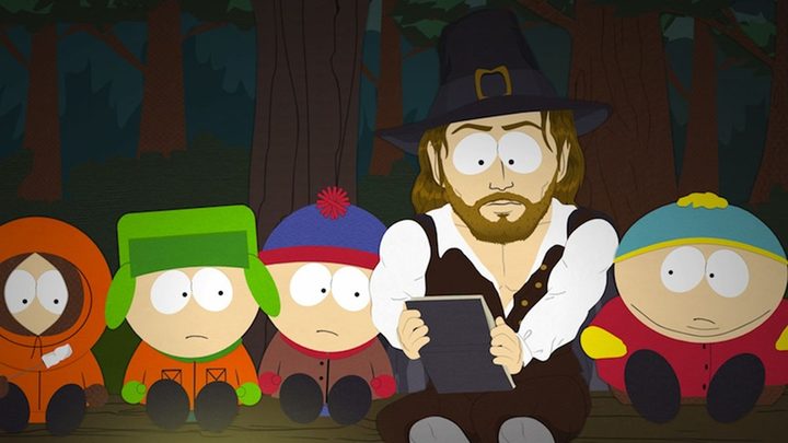 The kids from South Park with a Pilgrim.