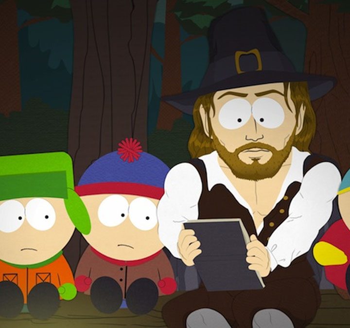 Kenny, Kyle, Stan, a pilgrim, and Cartman in "South Park."