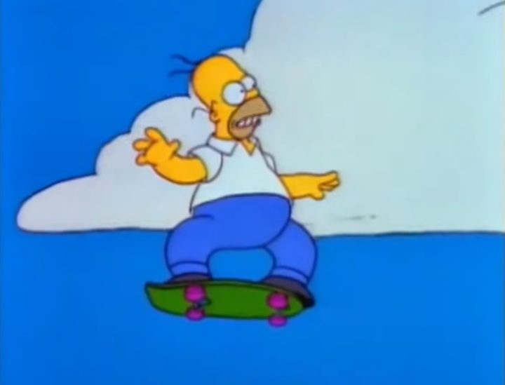 Homer flying through the air on a skateboard in "The Simpsons."