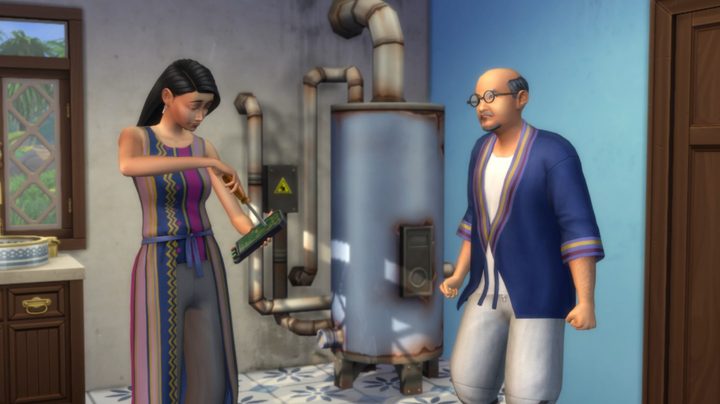 A woman Sim fixing a boiler next to a male Sim in the Sims 4 For Rent expansion.