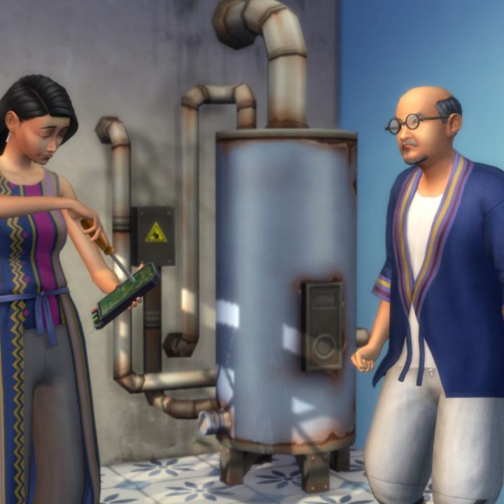 A female Sim with dark brown hair fixes an elderly Sim's broken water heater.