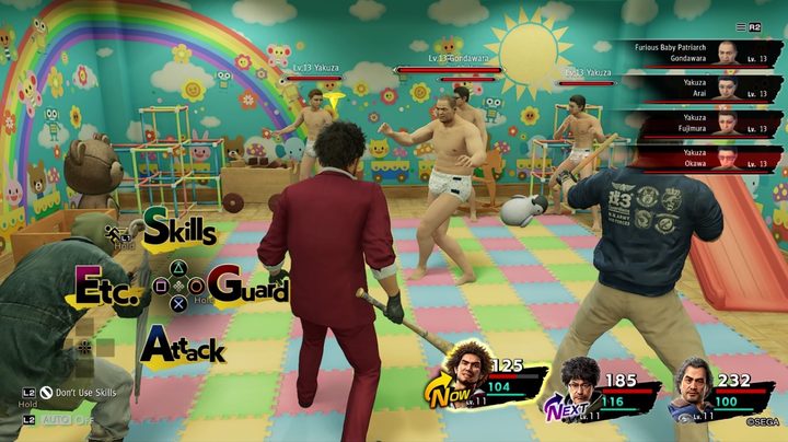 The Yakuza Like a Dragon cast fighting diaper-wearing Yakuza in Like a Dragon.
