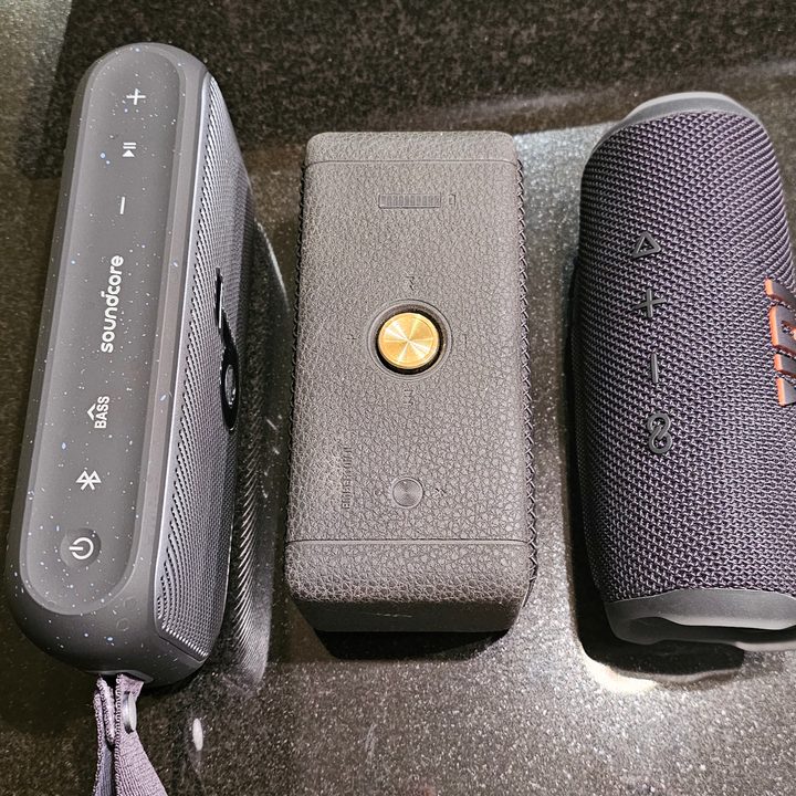Soundcore Motion 300, Marshall Emberton II, and JBL Flip 6 (top view).