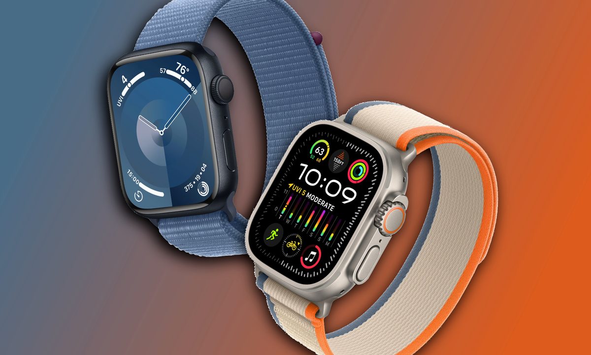 Renders of the Apple Watch Series 9 and Apple Watch Ultra 2 next to each other.