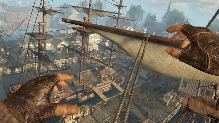 Connor leaps towards a boat in Assassin's Creed Nexus VR.