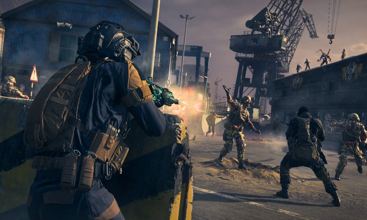 A soldier with a Pack-A-Punch weapon fires at zombies from behind cover.