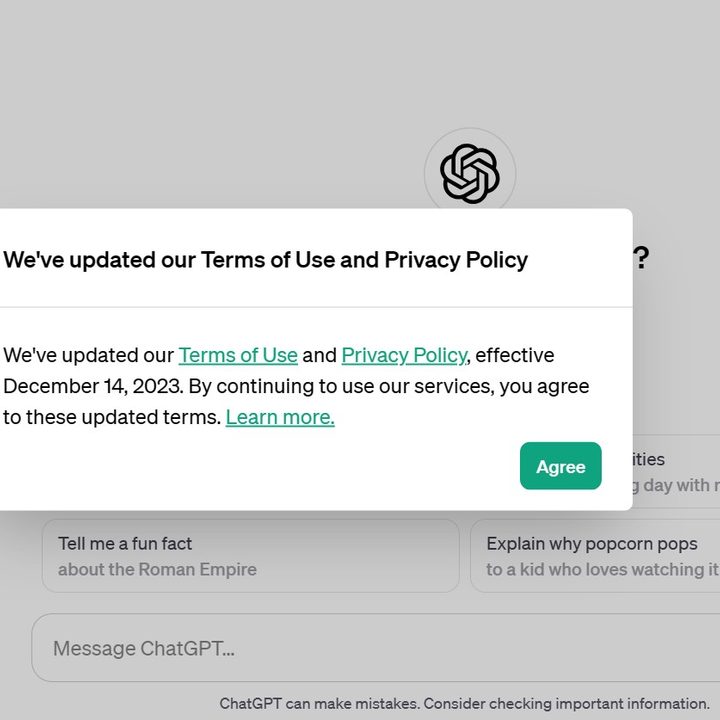 OpenAI's updated terms and conditions and privacy policy for ChatGPT.
