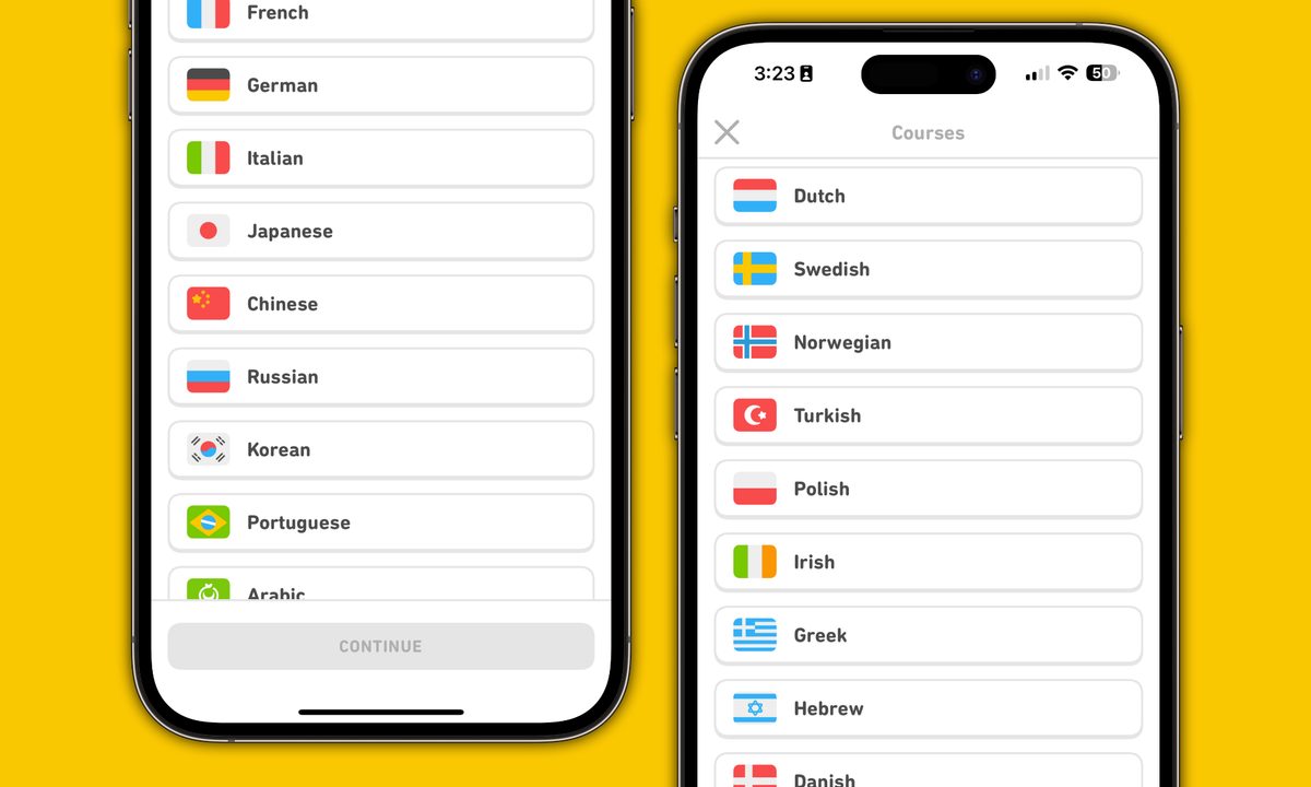 Courses and languages on the Duolingo app.