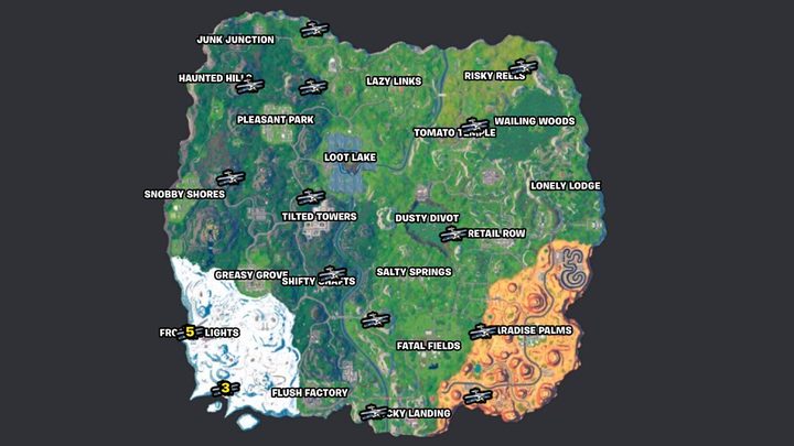 A map of where to find planes on the Fortnite OG map.