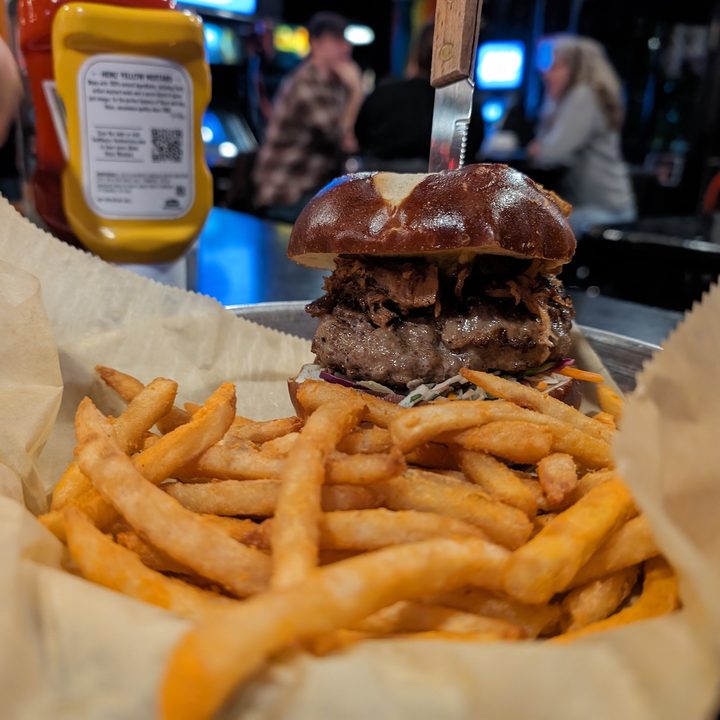 A close-up photo of a burger and French fries, taken with the Google Pixel 8 Pro.