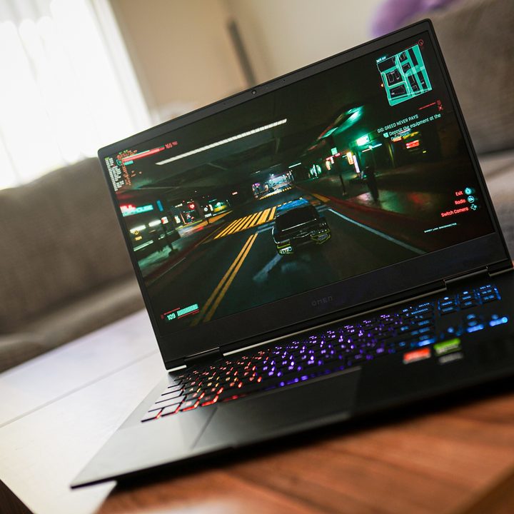 The HP Omen 16 gaming laptop on a desk.