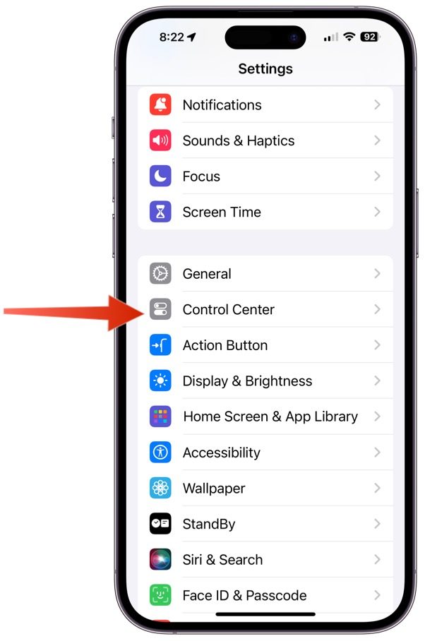 Screenshot showing location of Control Center access via the Systems app on iPhone.
