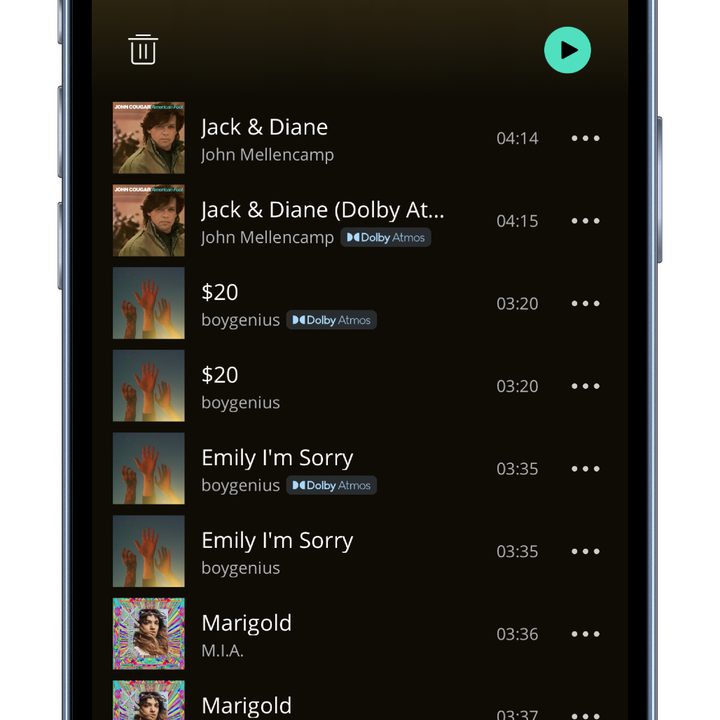 The JBL One app in Tidal showing a Dolby Atmos playlist.