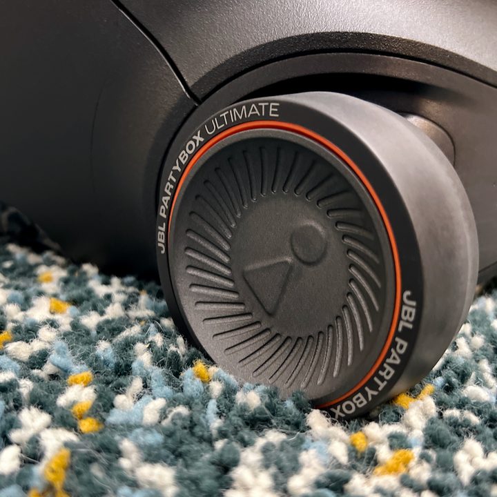 The JBL PartyBox Ultimate's wheel.