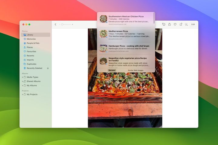 Expanded Visual Look Up in macOS Sonoma. A user is looking up recipes involving pizza, which is in a photo.