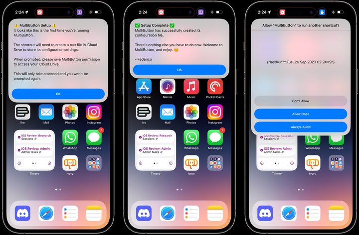MacStories Multibutton shortcut for the iPhone 15 Pro Action button.