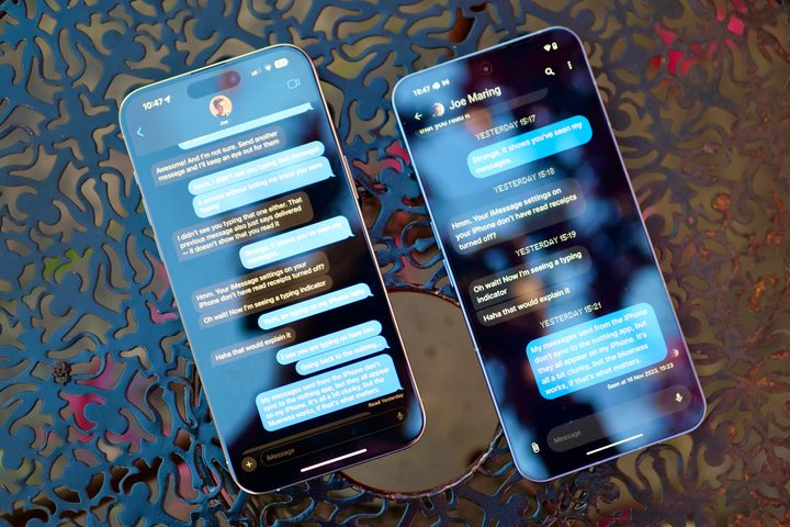 Nothing Chats on a Nothing Phone 2 compared with iMessage on an iPhone 15 Pro Max.