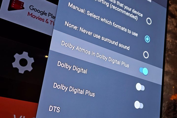TV screen showing Dolby Atmos audio settings for an Nvidia Shield 2019.