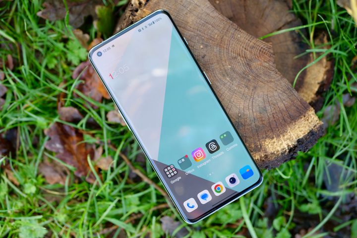 The OnePlus 11 resting on a log, and showing the screen.