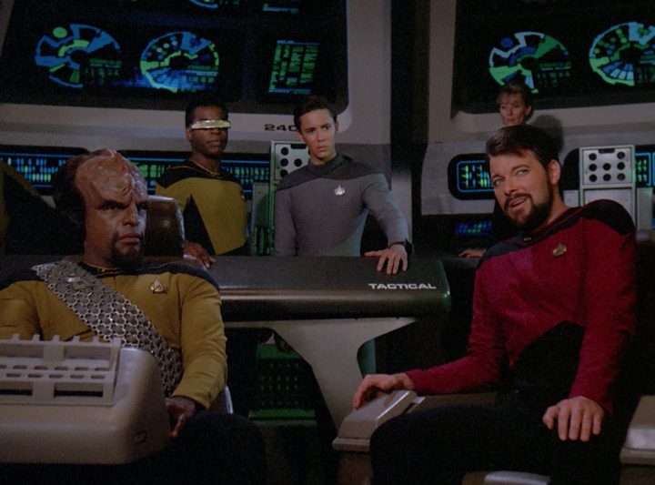 Worf, Geordi, Wesley, and Riker on the bridge of the USS Hathaway in "Peak Performance"