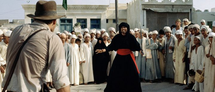 Indy fights a guy in Raiders of the Lost Ark.