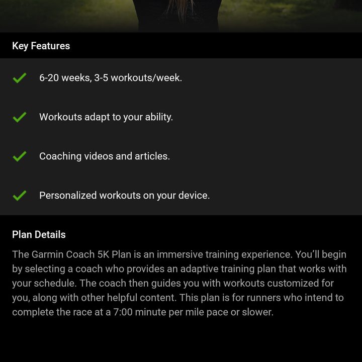 Starting a 5K running plan in Garmin Connect.