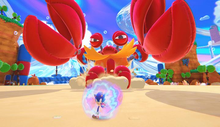 Sonic dashes away from a crab in Sonic Dream Team.