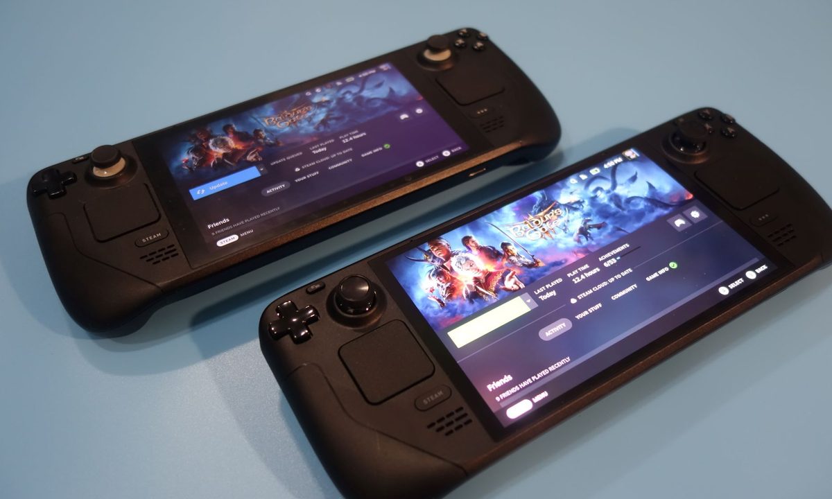 The Steam Deck and Steam Deck OLED sitting next to each other.