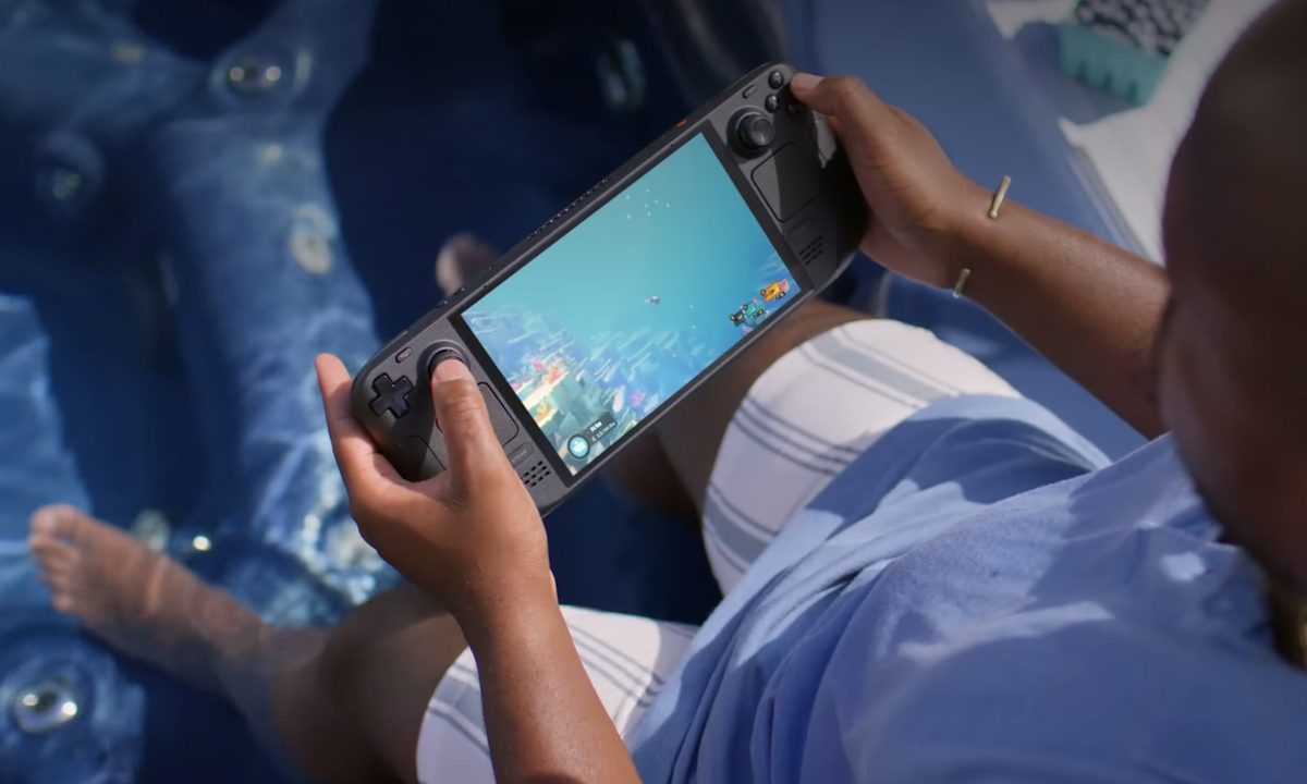 Playing Steam Deck with feet in a hot tub.