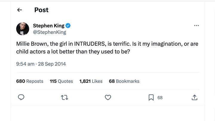 A Tweet by Stephen King about Mille Bobby Brown.