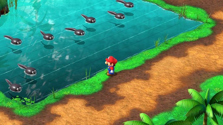 Mario stands near a pond in Super Mario RPG.