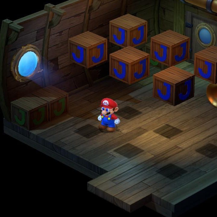 Mario stands in a room full of boxes in Super Mario RPG.