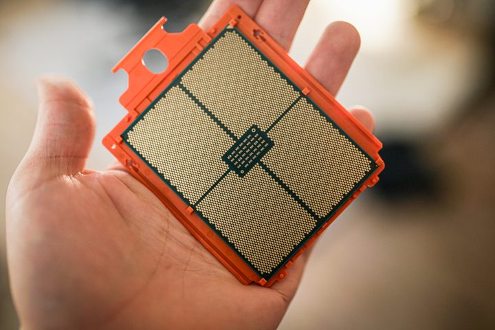 Contact pads on a Threadripper 7000 CPU.