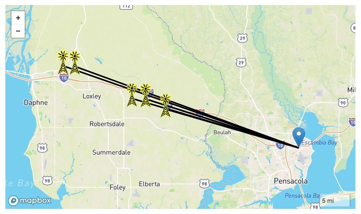 A screenshot showing the location of TV towers relative to the antenna trying to receive them.