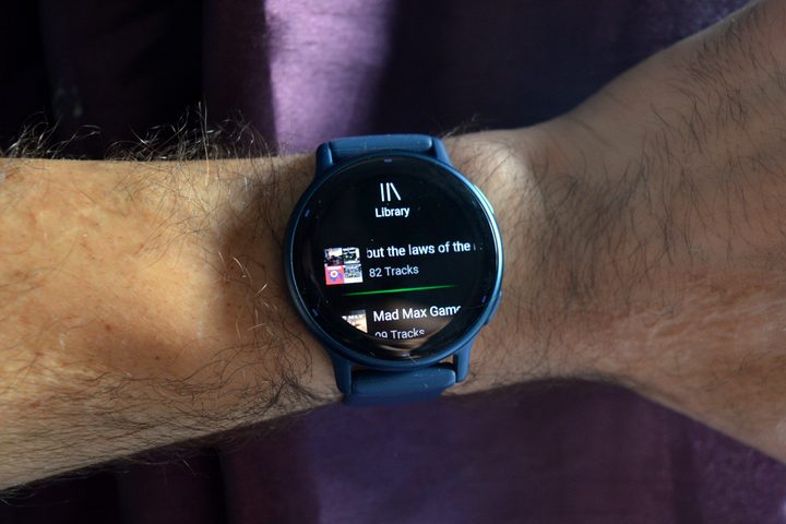 Spotify Library on the Vivoactive 5, with some downloaded playlists.